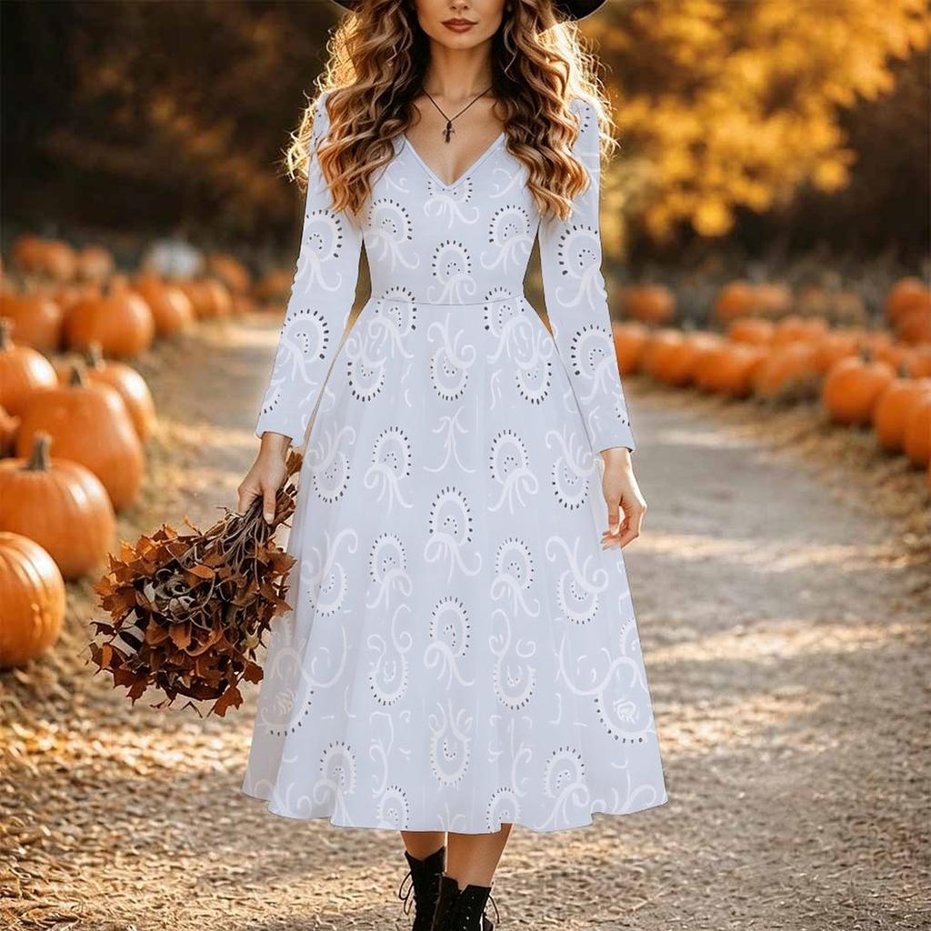Halloween Women's Vintage Pattern Print Midi Dress A Line Dress Vacation Casual Daily Regular Fit Long Sleeve V Neck Black Spring Fall