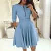 Women Spring Dress Three Quarter Sleeves Solid Color with Belt Tight Waist A-line Dress-up Knee Length Zipper Lady Fall Dress Female Clothes