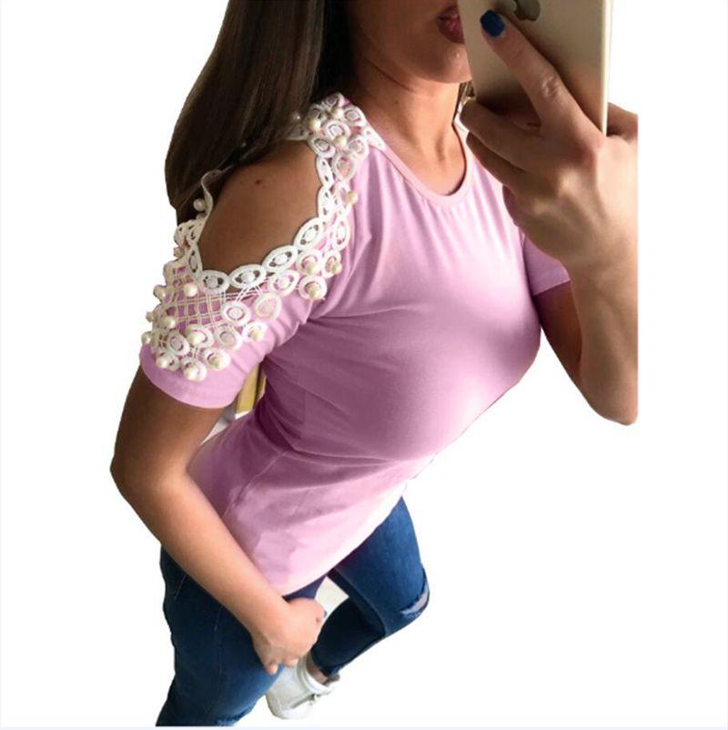 Trendy Women Short Sleeve Off Shoulder Lace Splice Blouse With Comfortable Fit