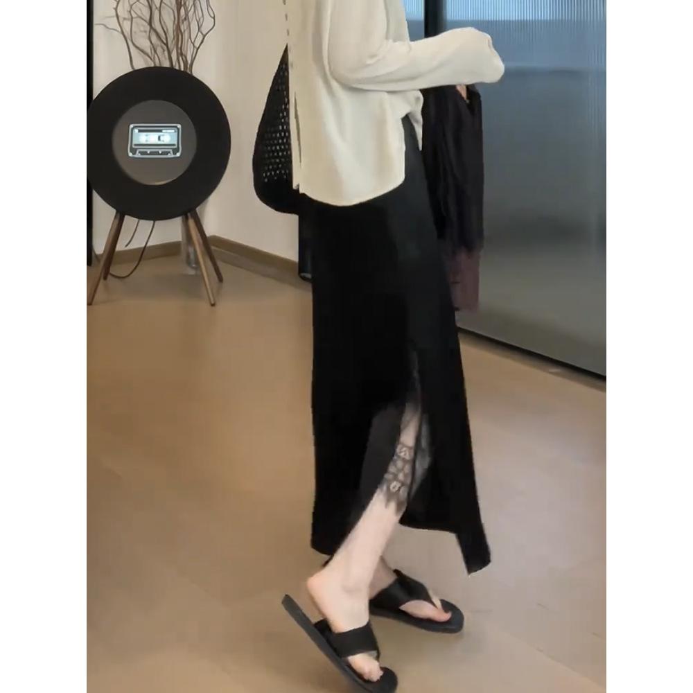 Women's Plus Size High Waist Black Midi Skirt with Lace Slit - Summer A-line Design