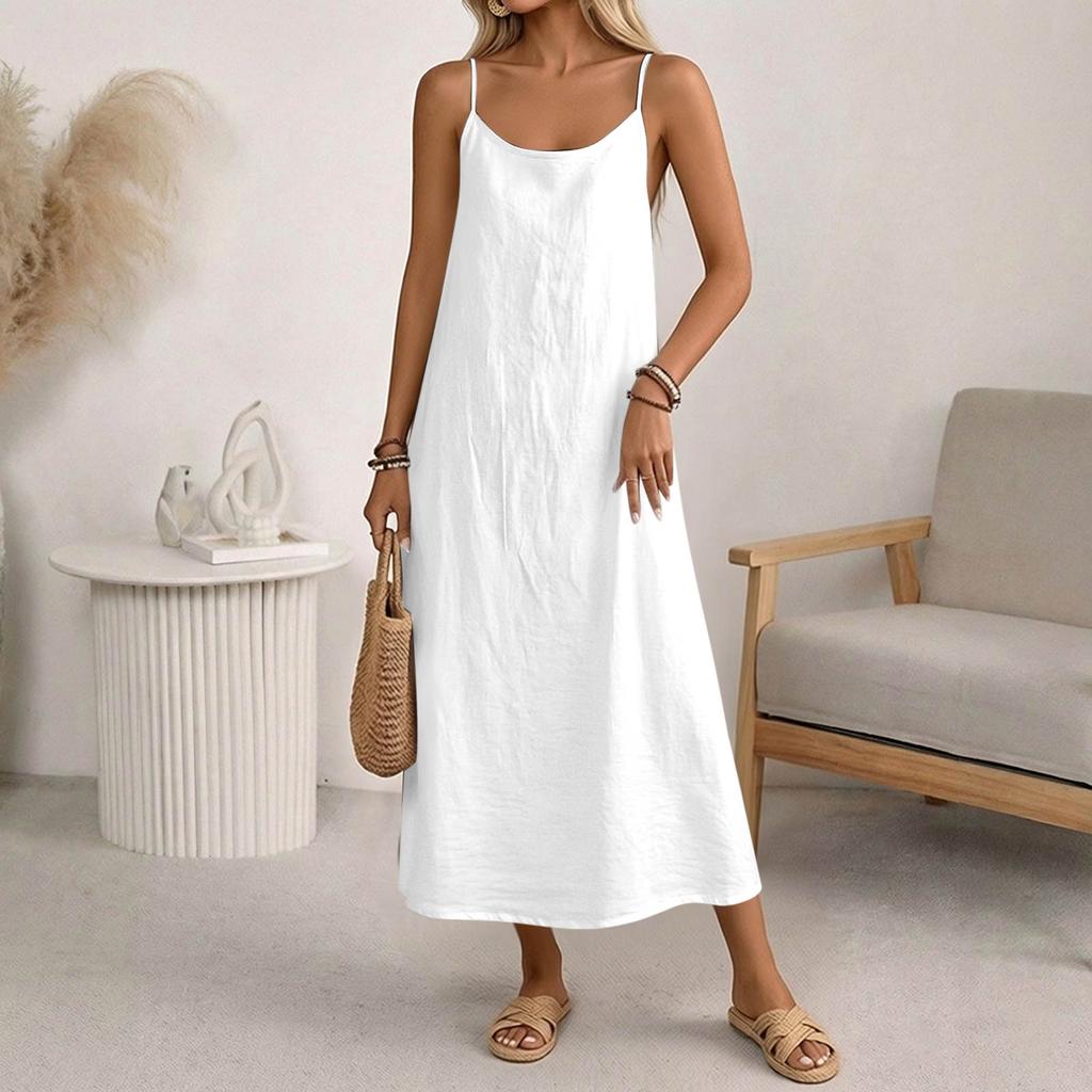 Damenmode Lässig Locker Ärmelloses Tanktop Baumwolle-Leinen Mittellanges Kleid