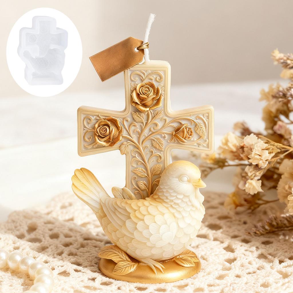 Religious-themed cross and dove candle mold, exquisitely detailed sacred object, handmade DIY faith candle, decoration for relig