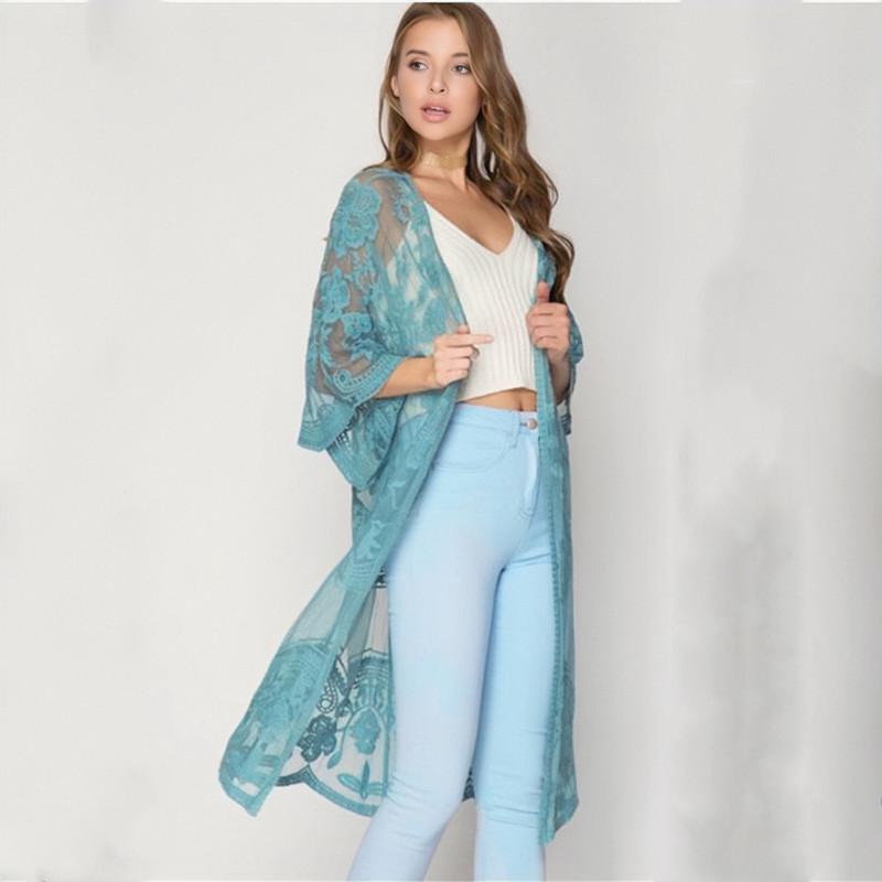 Summer New Lace Bikini Cover Up Sexy Sheer Mesh Embroidered Elegant Dress Casual Beach Cardigan Women Swimwear Cover Up Q894