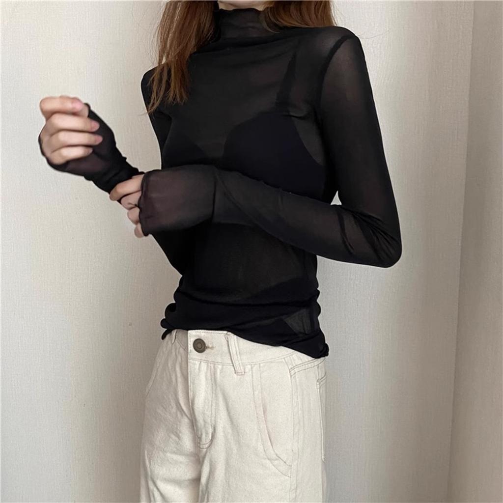 Schwarzer Pilz Rand Hoher Hals Spitze Basishemd Für Damen, Mit Langen Ärmeln Für Innen, Wintermode, Chiffon Und Netz Oberteil