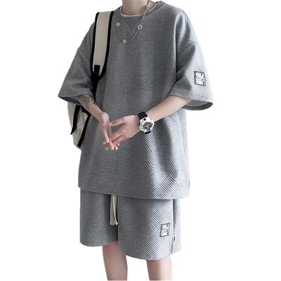 [Aaronlive] T-shirt Summer Short Sleeve Top and Bottom Set, Loose Fit Jersey Shorts Set, Men's Plain Sweatshirt Set, Plus Sizes, Sweat-wicking, Quick-