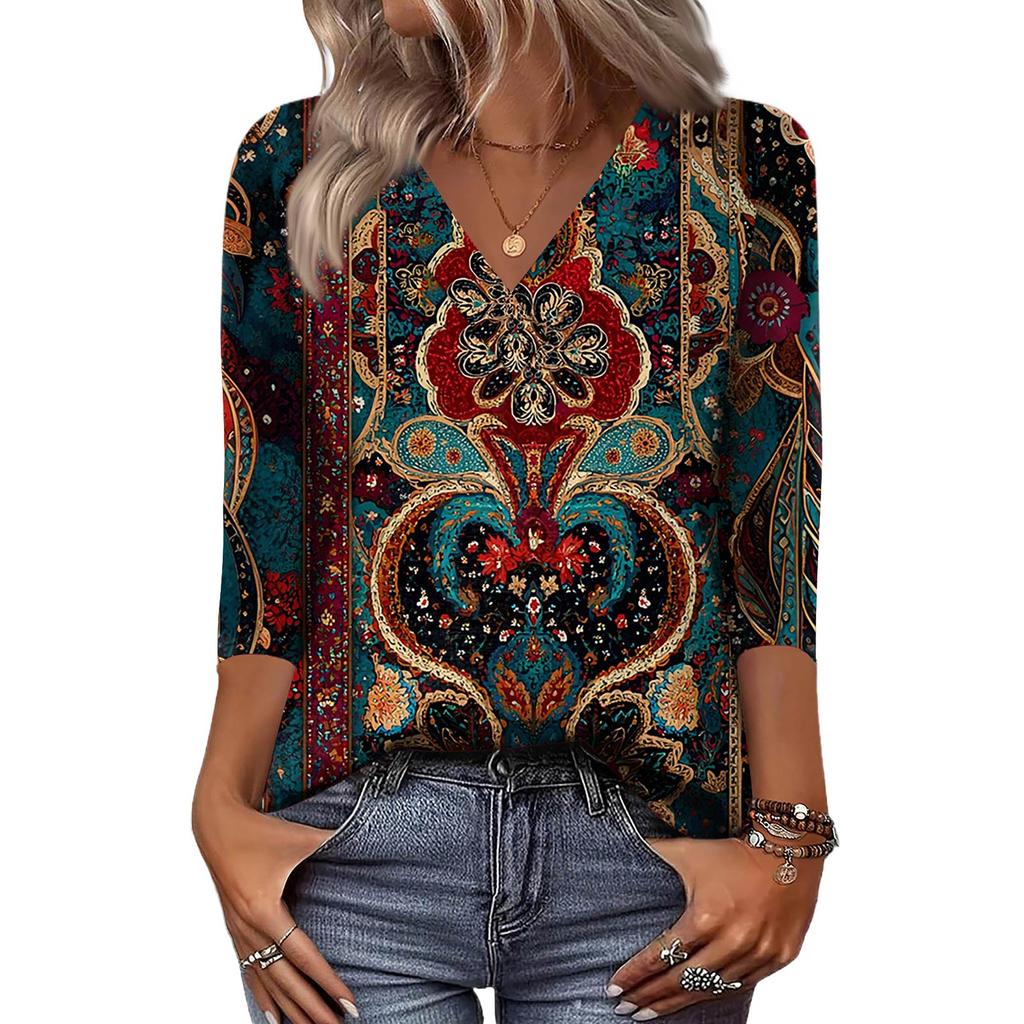 Women's 3/4 Sleeve Shirts V Neck Print Tops Casual Tops Basic Tees Blouse Loose Tops