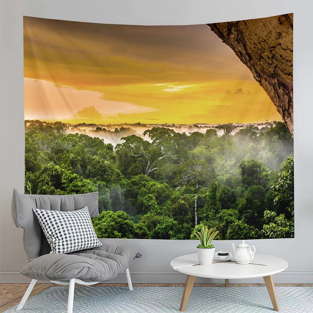 Jungle Tapestry Natural Foggy Forest Tapestry Mountain Forest Tapestry Art Wall Hanging Home Living Room Bedroom Dorm Tapestries