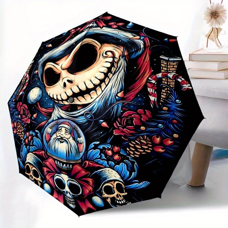 1pc Christmas Skeleton Design Durable Cartoon Folding Umbrella, Portable 3-Fold Compact Umbrella for Men and Women, Suitable for Travel or Daily
