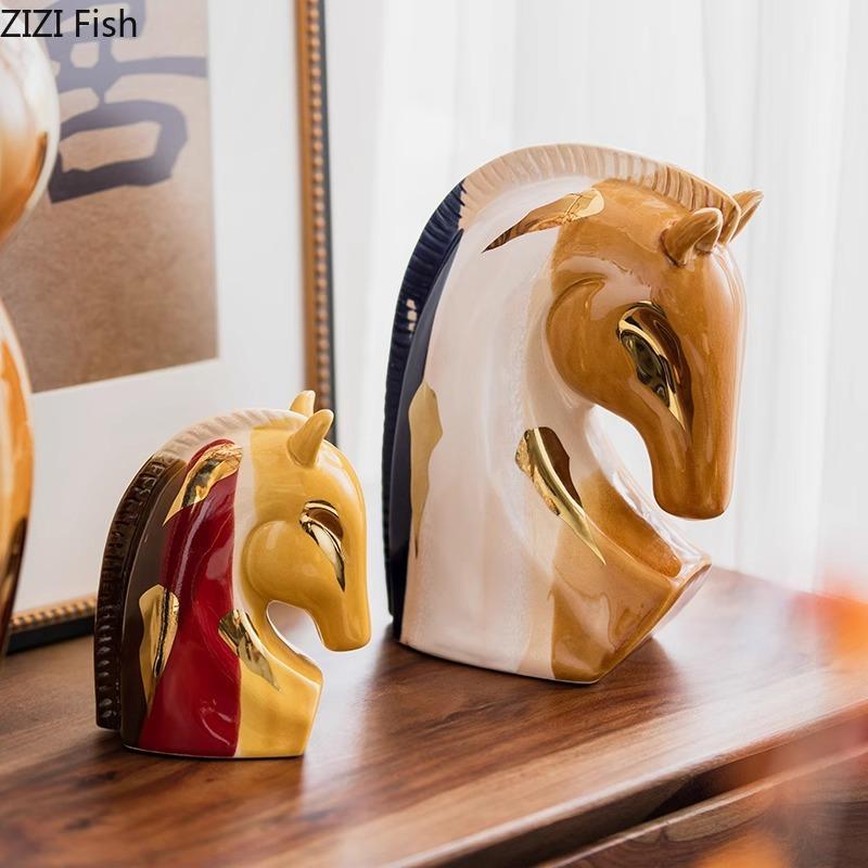 Painted Ceramic Horse Gold Plated Animal Artwork Statue Desk Decoration Ornaments Colorful Horse Sculpture Room Aesthetics Decor