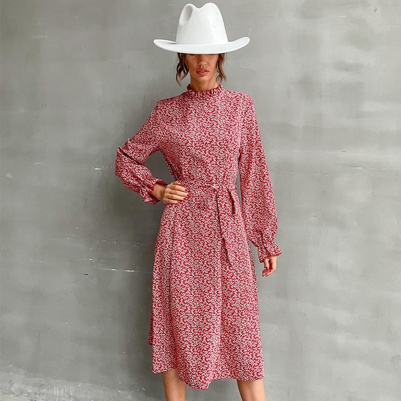 Temperament and Elegance Outer Wear Women's Long Sleeve Half High Neck Printed Slim Dresses