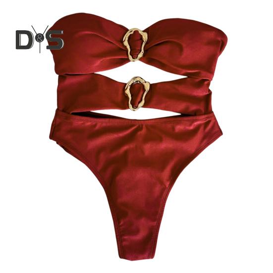 

Сексуальный монокини с открытыми плечами, бандо, ажурный дизайн, однотонный слитный купальник с неровными металлическими кольцами, одежда для отпуска S красный