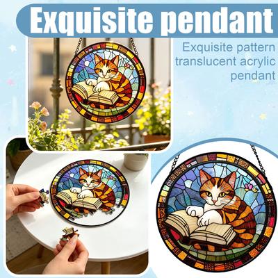 Round Stained Glass Window Hanging Cat Design Puzzle Suncatcher Home Garden Kitchen Sunroom Decoration with Chain