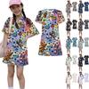 Girls Print Casual Dress Kids Loose Round Neck Short Sleeve Thin Sundress