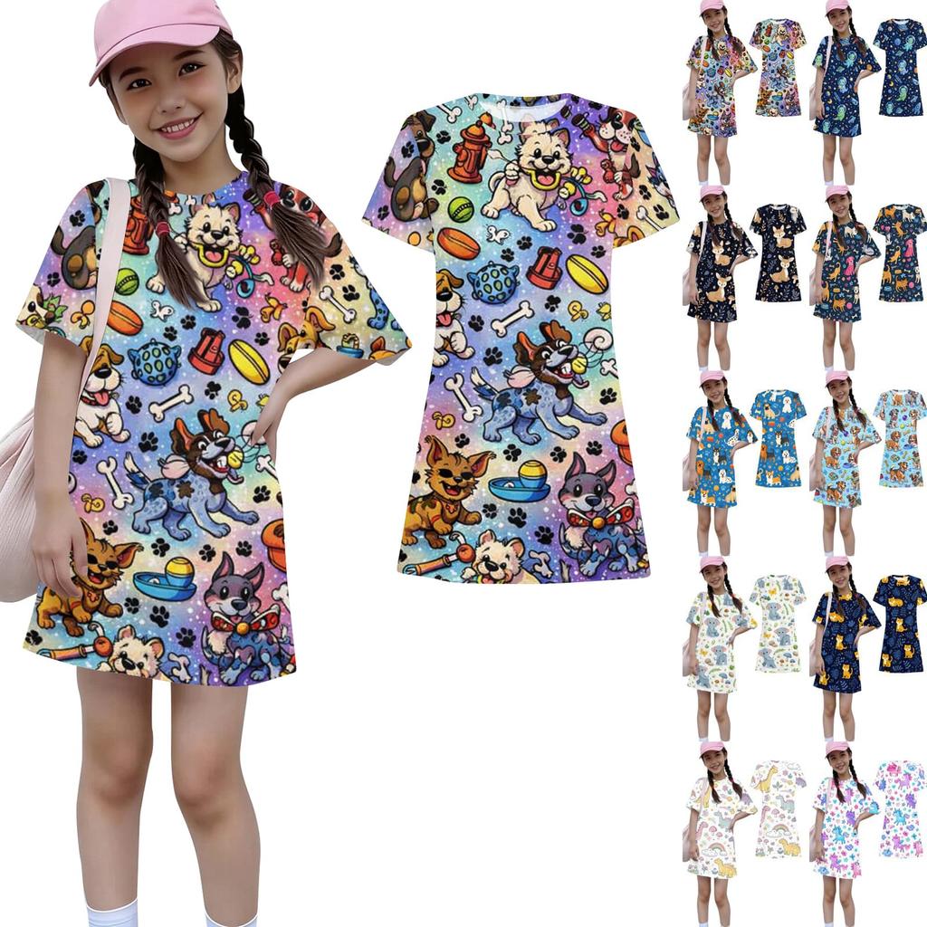 Girls Print Casual Dress Kids Loose Round Neck Short Sleeve Thin Sundress