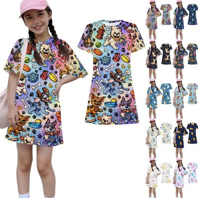 Girls Print Casual Dress Kids Loose Round Neck Short Sleeve Thin Sundress