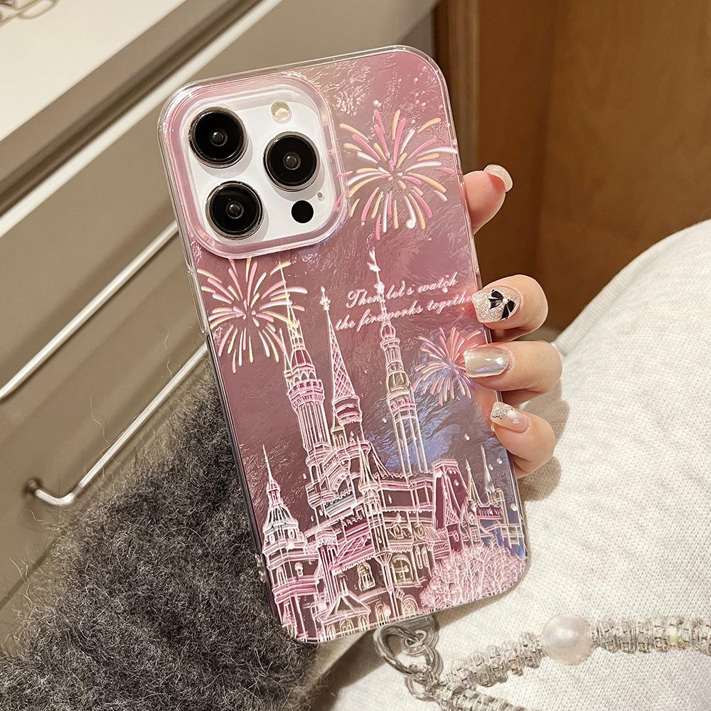 Firework Castle Suitable for IPhone16pro High End IMD Mobile Phone Case 15 Anti Fall Pearl Bracelet Protective Cover 13