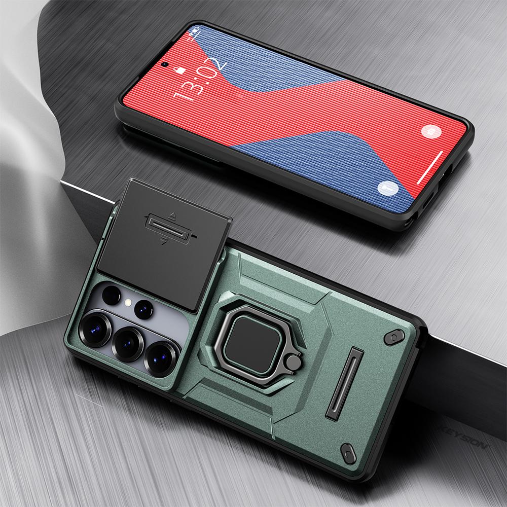 KEYSION Shockproof Armor Case for Samsung S26 Ultra 5G Slide Camera Lens Protection Ring Stand Phone Cover for Galaxy S26+ Plus