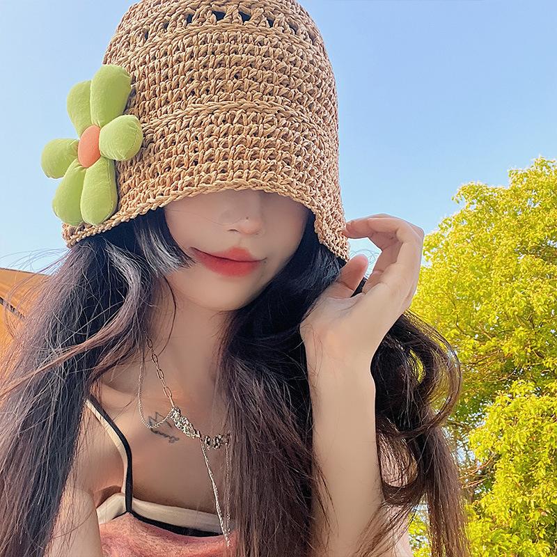 New Short Brim Sun Hat Women's Summer Handmade Straw Hat Sunscreen Small Flowers Cute Bucket Hat Tide