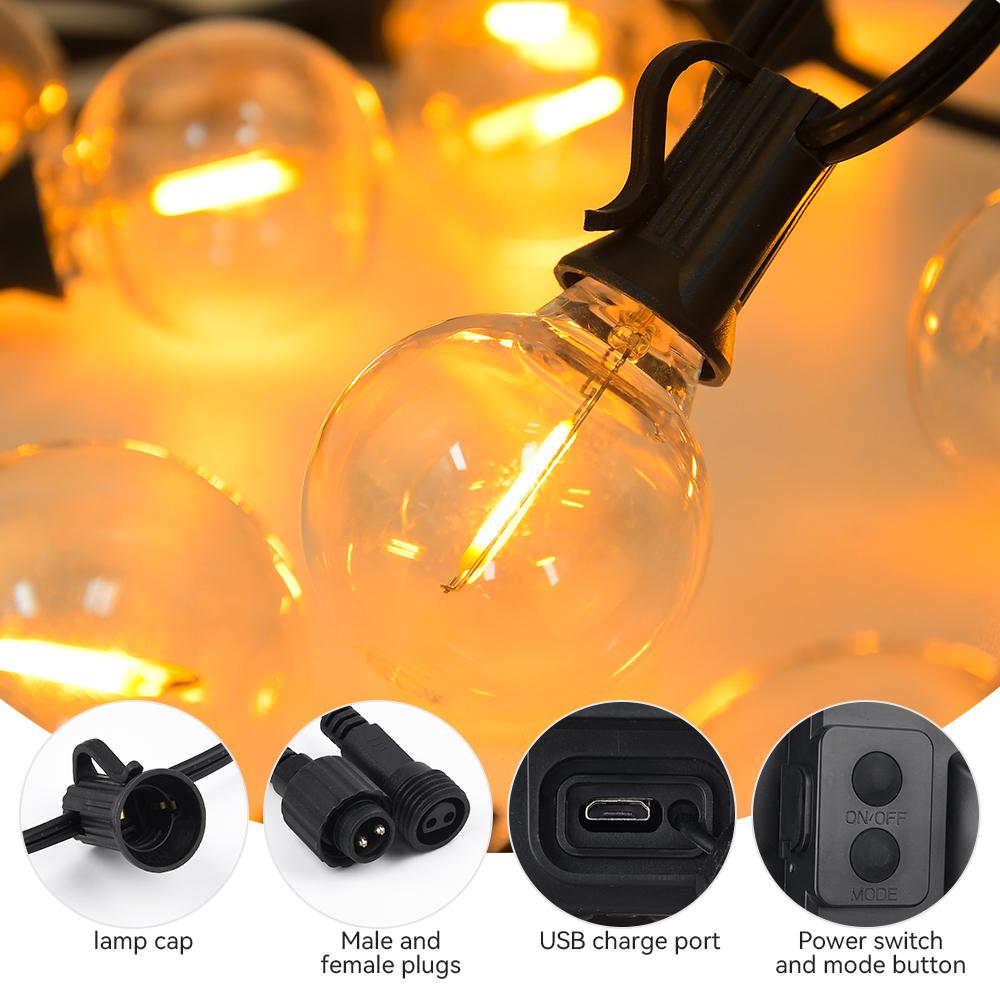Solar G40 String Light Outdoor Solar Fairy Lights Waterproof Patio Lights With 4400mAh Solar Battery 20M 42 Bulbs 2200K