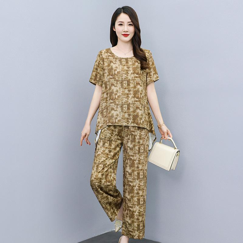 Women's Plus Size Summer Tie-Dye Cotton Linen Suit: Irregular Hem Top & Wide Leg Pants Two-Piece Set