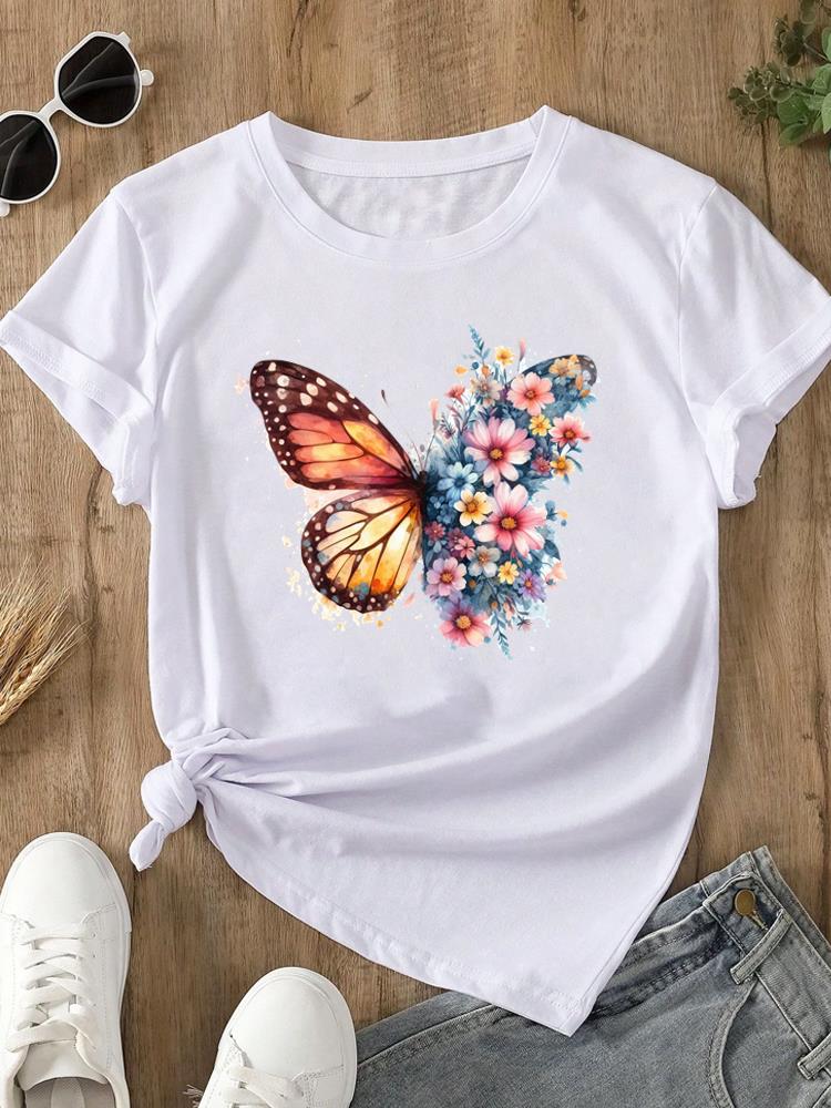 (Asian Size)  trend lovely flower style o-neck Women's Top T Clothing Print Short Sleeve T-shirts Fashion Female Casual Graphic Tee