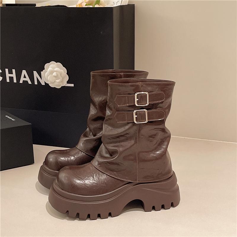 Fashion Shoes for Women New Mid-Calf Boots 10CM High Platform Modern Boots Belt Buckle Punk Shoes Female Leather Motorcycle Boots