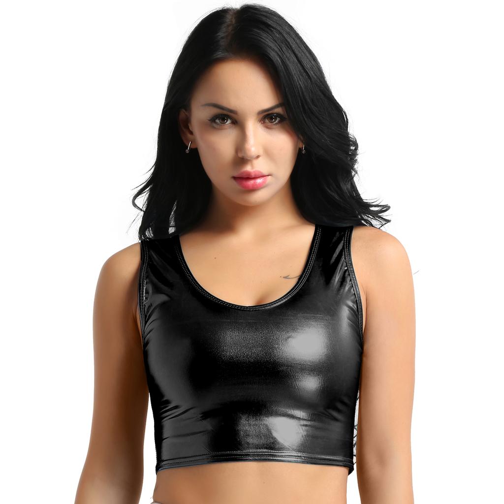 Crop top fără mâneci metalic strălucitor pentru damă, tricou pentru dans disco, bluză, vestă, îmbrăcăminte de club