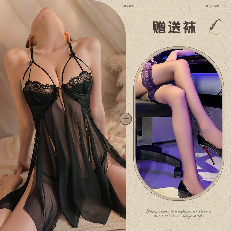 Large Size Erotic Underwear Sexy Lace Temptation Suspender Nightdress Hot Hollow Split Petal Skirt Women's Transparent Pajamas