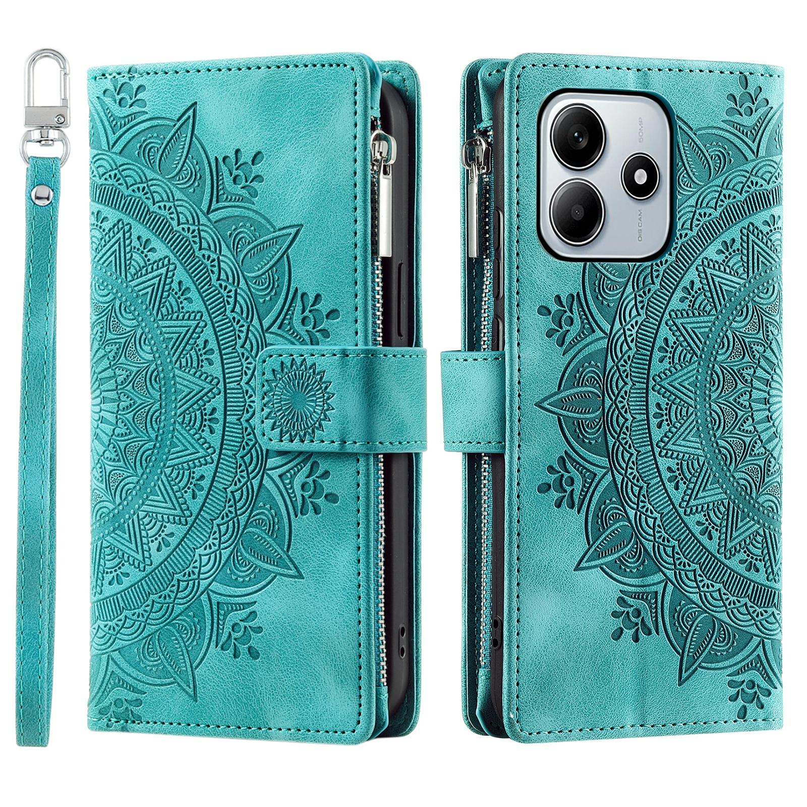 

Style 006 For Xiaomi Redmi Note 14 4G (164.84mm) Wallet Case PU Leather Phone Cover Mandala Flower Pattern Mint Green