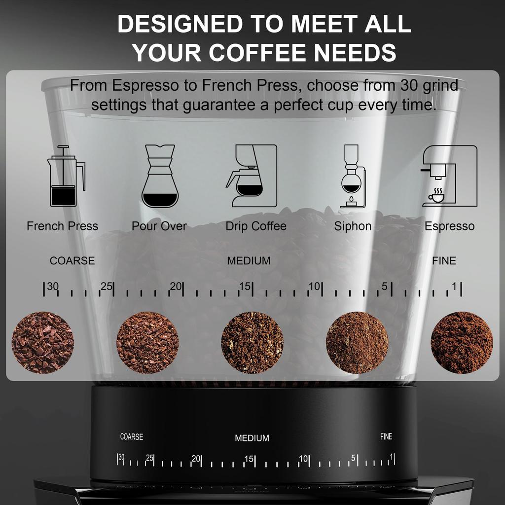 BioloMix AZ-BG706ST Conical Burr Coffee Grinder, 30 Grind Settings, Digital Timer, 300g Hopper