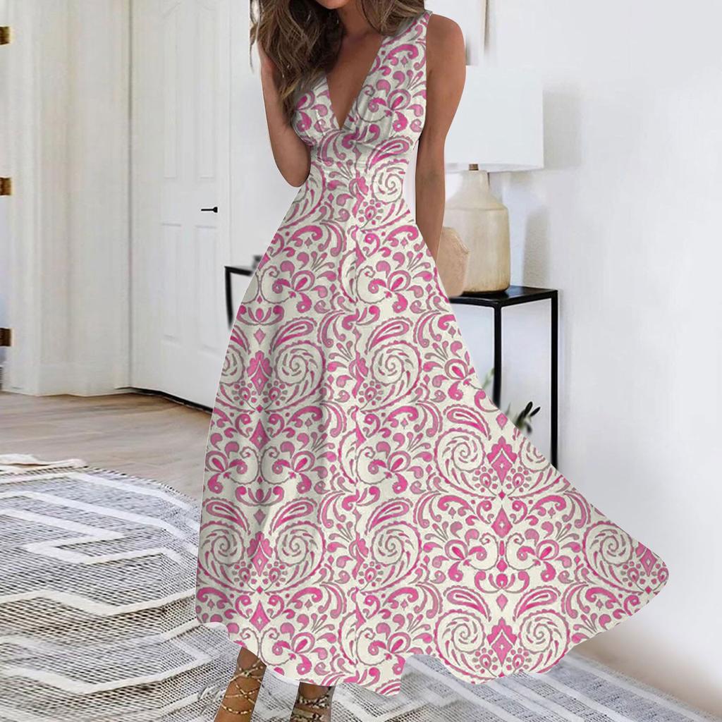 Women's Long Dress Maxi Dress Casual Dress Summer Casual Sleeveless V Neck Boho Waist Retraction Printed Dress