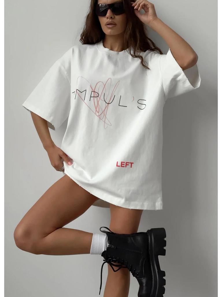 Women's American Letter Print Crew Neck Short Sleeve T-Shirt - Trendy, Loose, Casual, Versatile Top.