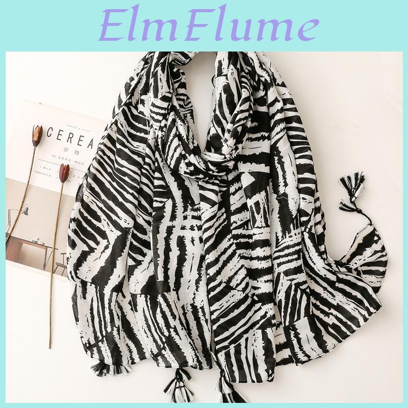 And American Cotton European And Linen Hand Feel Thick Satin Cotton Scarf Womens Line Black And White Zebra Pattern Decoration Tassel Scarf Shawl