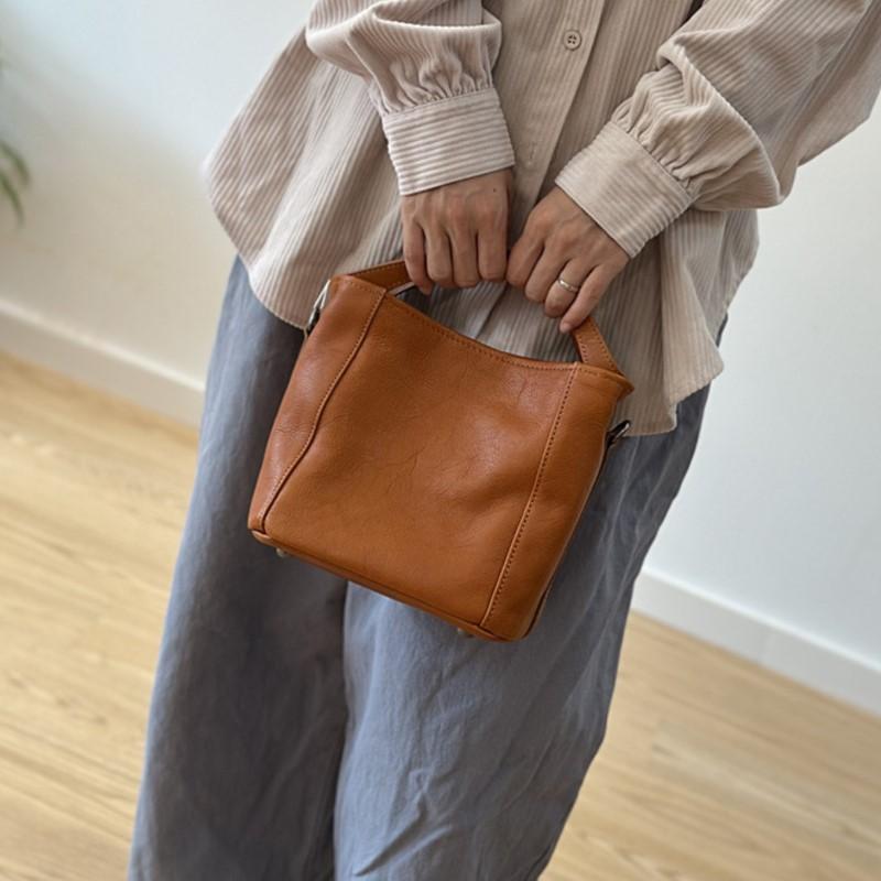 Johnature Genuine Leather Bucket Bag Casual Solid Color Women's Handbag Versatile Shoulder Crossbody Bag