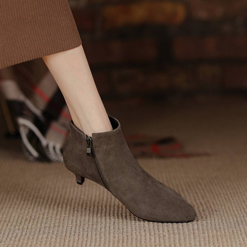 Krazing Pot Cow Suede Winter Round Toe Med Thin Heels Modern Boots Women Big Size 43 Zipper Basic Clothing Ankle Boots