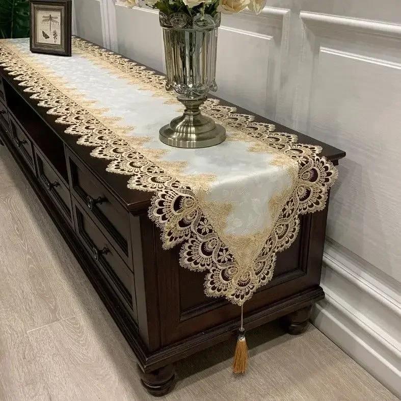 Tv Cabinet Lace Tablecloth  Embroidered Tassel Dining Table Flag Shoe Cabinet Long Striptransparent Yarn Dust Cover Cloth