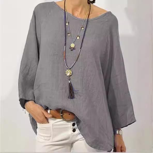 Women's Autumn Cotton Linen Long Sleeve Solid Color Loose Top
