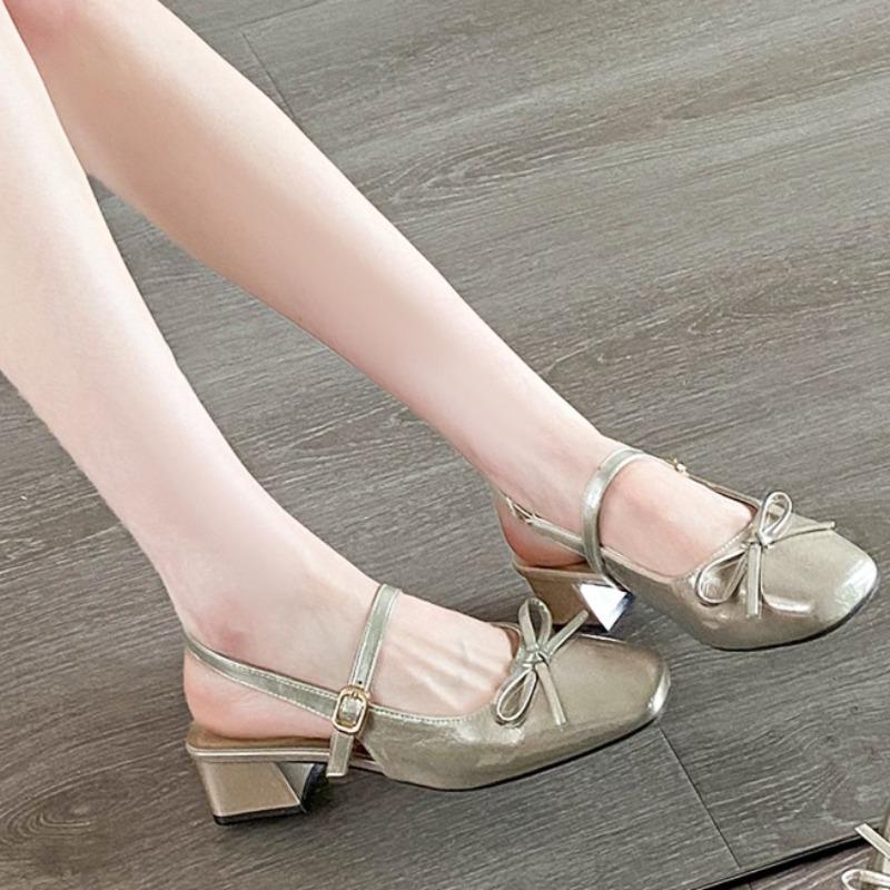 Fashion Summer New Bow Wrapped Sandals Women's Fashion Block Heel Square Toe Shallow Mouth Back Trip Band Kitten Heel Shoes
