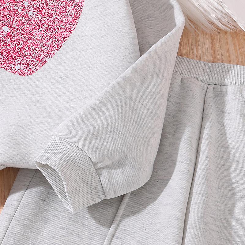 Girls' Spring Hoodie Set - Heart Long Sleeve Top & Pants, Plus Velvet, Casual Two-Piece Outfit for Medium to Large Children