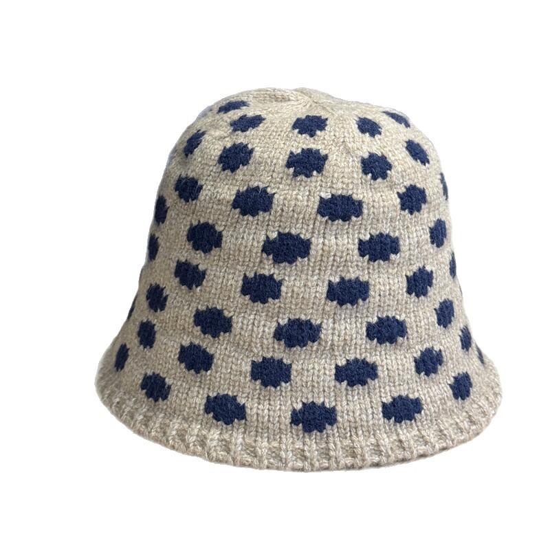 New Wool Hat Women's Winter Warm Polka Dot Knitted Hat Casual Face Small Bucket Hat Big Head Cold Hat