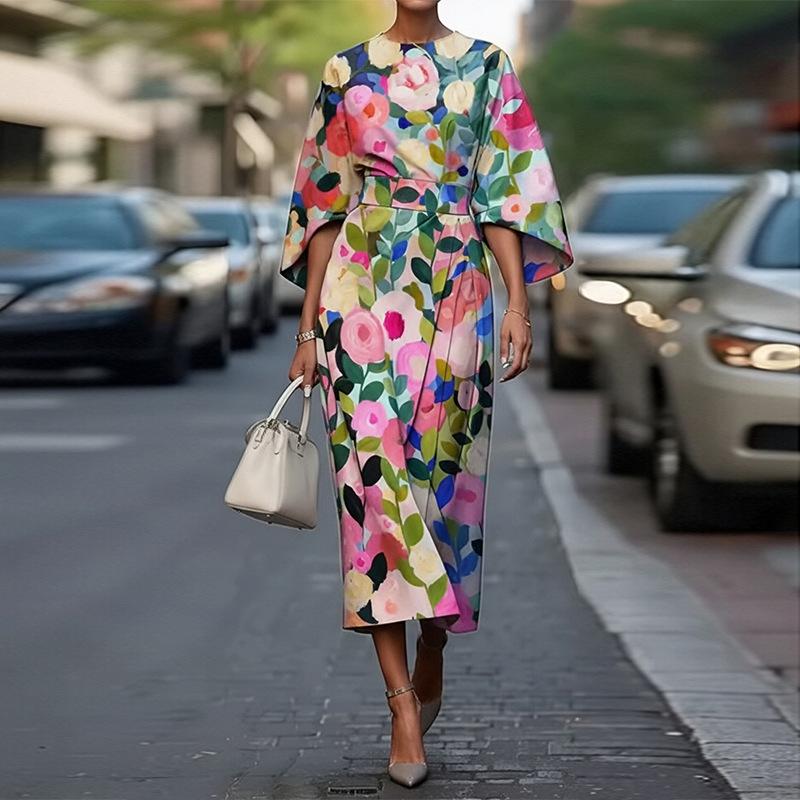 Spring new women s clothing, fashionable and elegant printed five-quarter-sleeved slim-fit dress S
