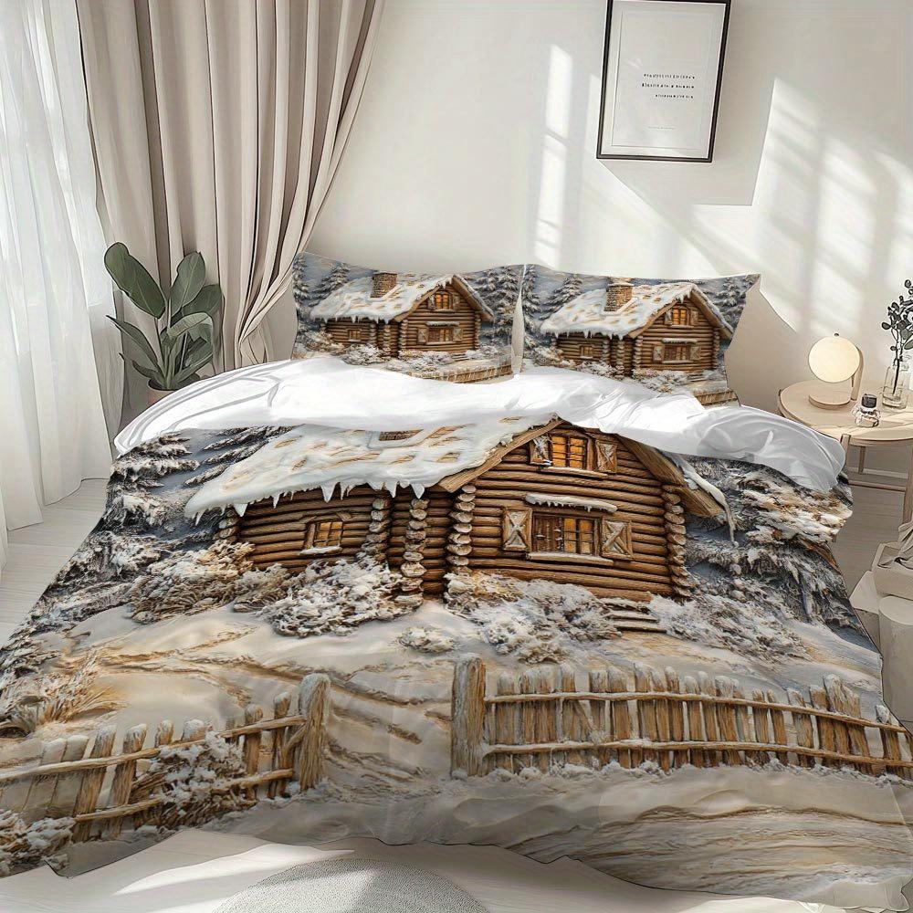 MOKALALA 2/3pcs Snowy Cabin Themed Duvet Cover Set Winter Wonderland Inspired Bed Cover Set Cozy Bedding Set 1 Duvet Cover