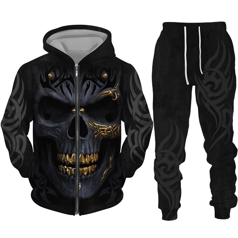 Sudadera con cremallera negra y pantalón con estampado 3D de calavera fresca, conjunto de chándal estilo gótico punk para hombre y mujer, conjunto de chándal 2026, disfraz de streetwear para Halloween