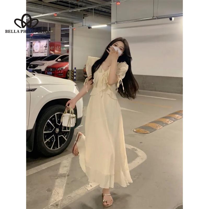 Letní nové volánové šaty s výstřihem do V Jemné elegantní jednobarevné šaty s krátkým rukávem, dlouhým rukávem