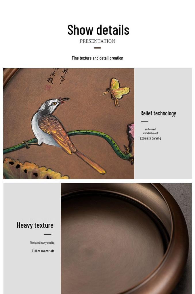 Hand-Painted Retro Bronze Round Tea Tray with Rooster Design