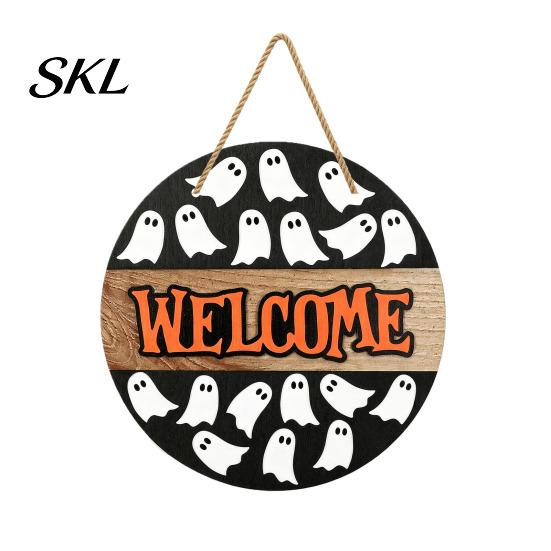 Outdoor Halloween Decoration Hanging Door Sign, Wooden Front Hanger Wreath, Cute Seasonal Sign Ghost Welcome for Porch Wall Indoor Home Durable