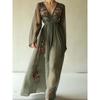 Damen V-Ausschnitt Langarm Maxikleid Lockerer Schnitt Blumenmuster Chiffon Fließend Bohemian Abendkleid