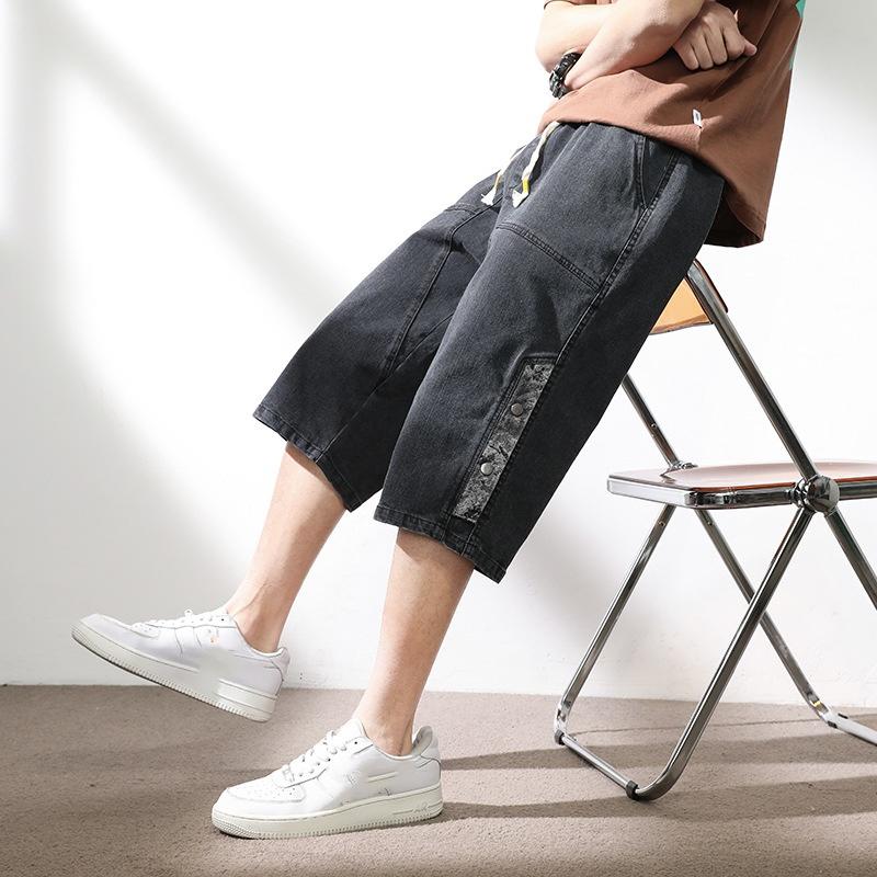 Summer Men's Jeans Denim Breeches Calf-Length Casual Shorts Washed Cotton Drawstring Straight Capris Pants Big Size 8XL
