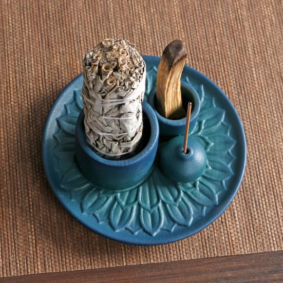 Yousheng Palo Santo Holder 4-in-1 Ceramic Incense Holder Candle Holder with Ash Catcher Lotus Tray Incense Burner for Sticks Salvia Burning Meditation