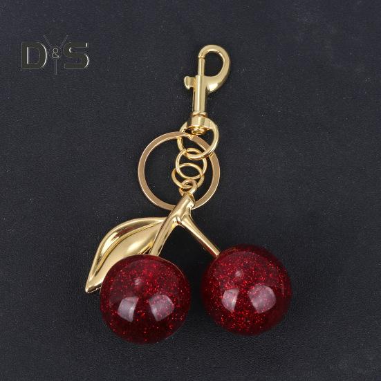 Keychain Bag Charm with Golden Shimmering Resin Cherries Hypoallergenic Steel Key Pendant Bag Wallet Accessory